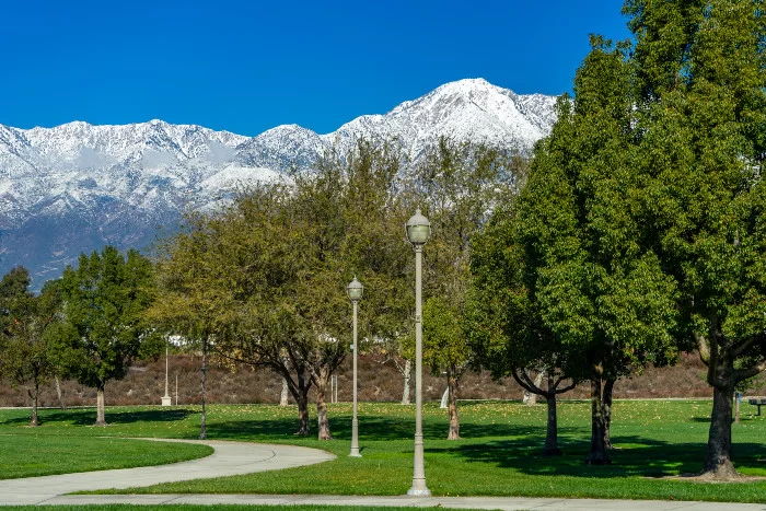 Rancho Cucamonga park with view of snowtop mountains