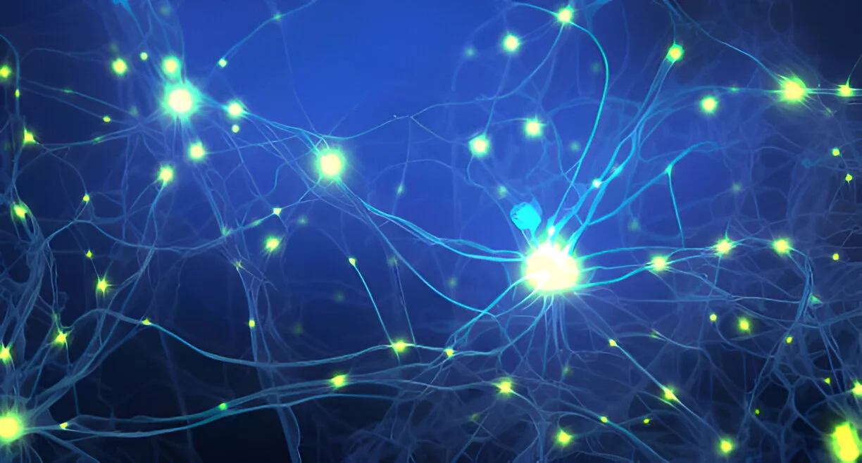 Illustration of interconnected nerve cells emitting pulsing signals, symbolizing the dynamic communication within a neuronal network and its relevance to neuropathic conditions.