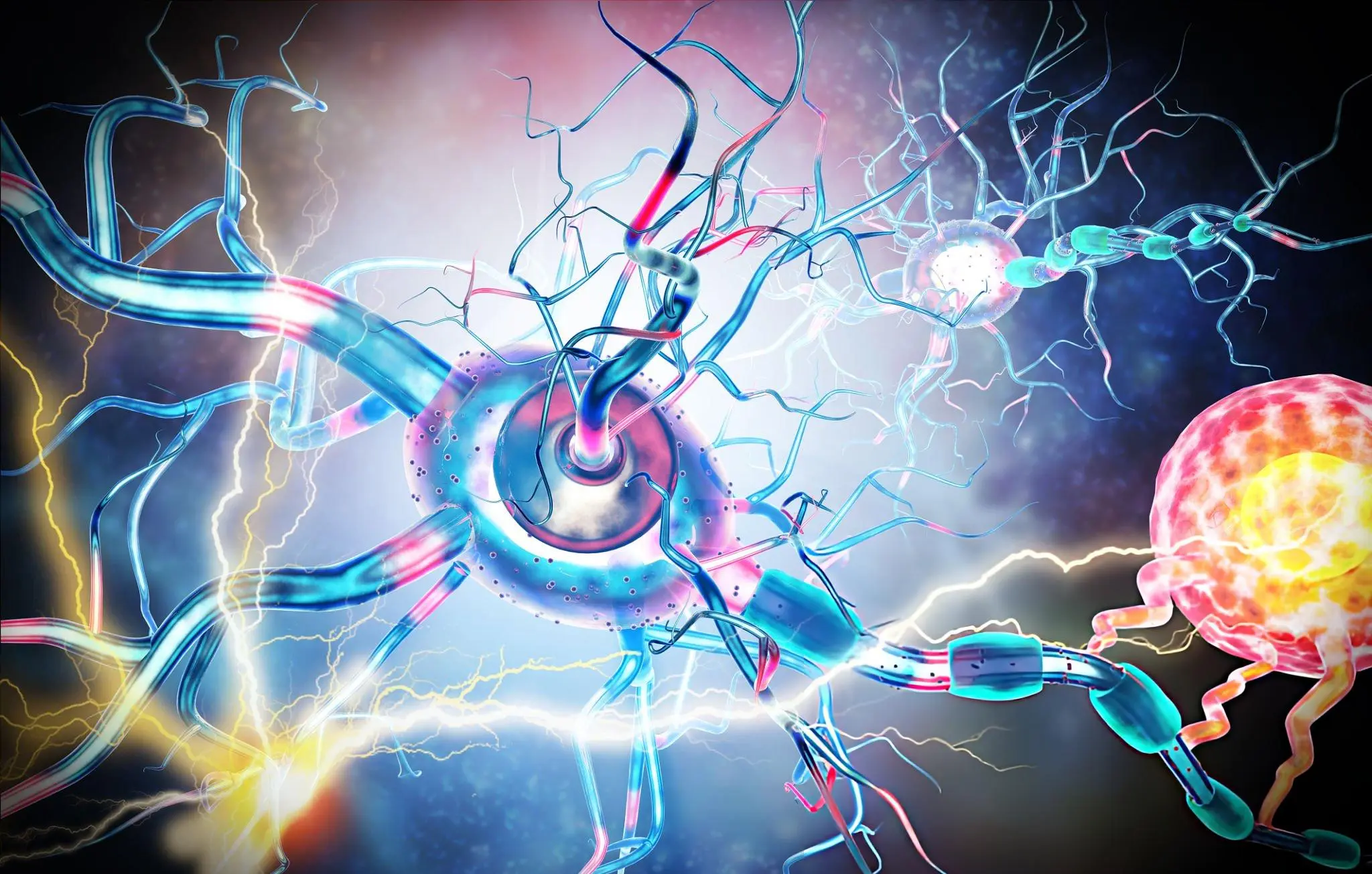 Illustration of neurons with electrical impulses, representing neural changes in Parkinson’s Disease.
