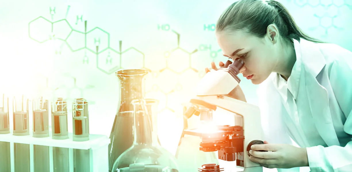 Scientist in a laboratory setting analyzing stem cell samples under a microscope, surrounded by test tubes and chemical structures, symbolizing advanced regenerative therapies.