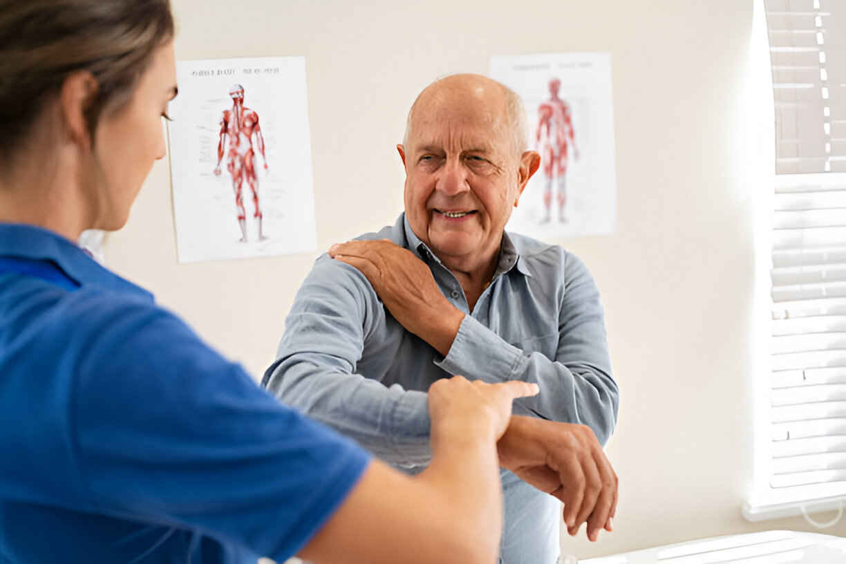 A smiling senior man receives a shoulder examination from a female physical therapist or doctor, highlighting joint health and mobility.