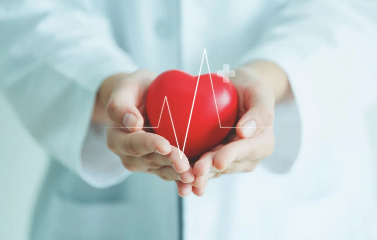 Doctor holding a heart with an ECG heartbeat, representing health and care.