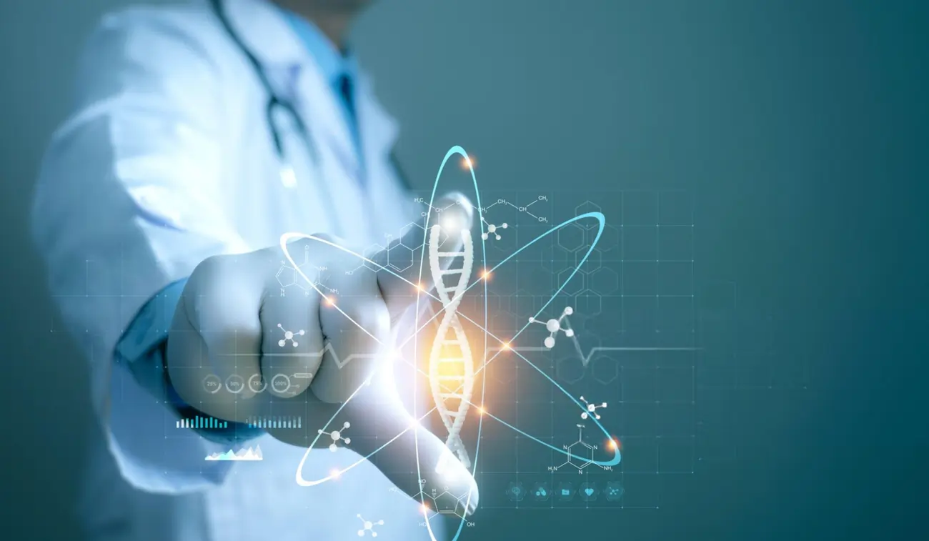 A medical professional points to a glowing DNA strand and atomic diagram.