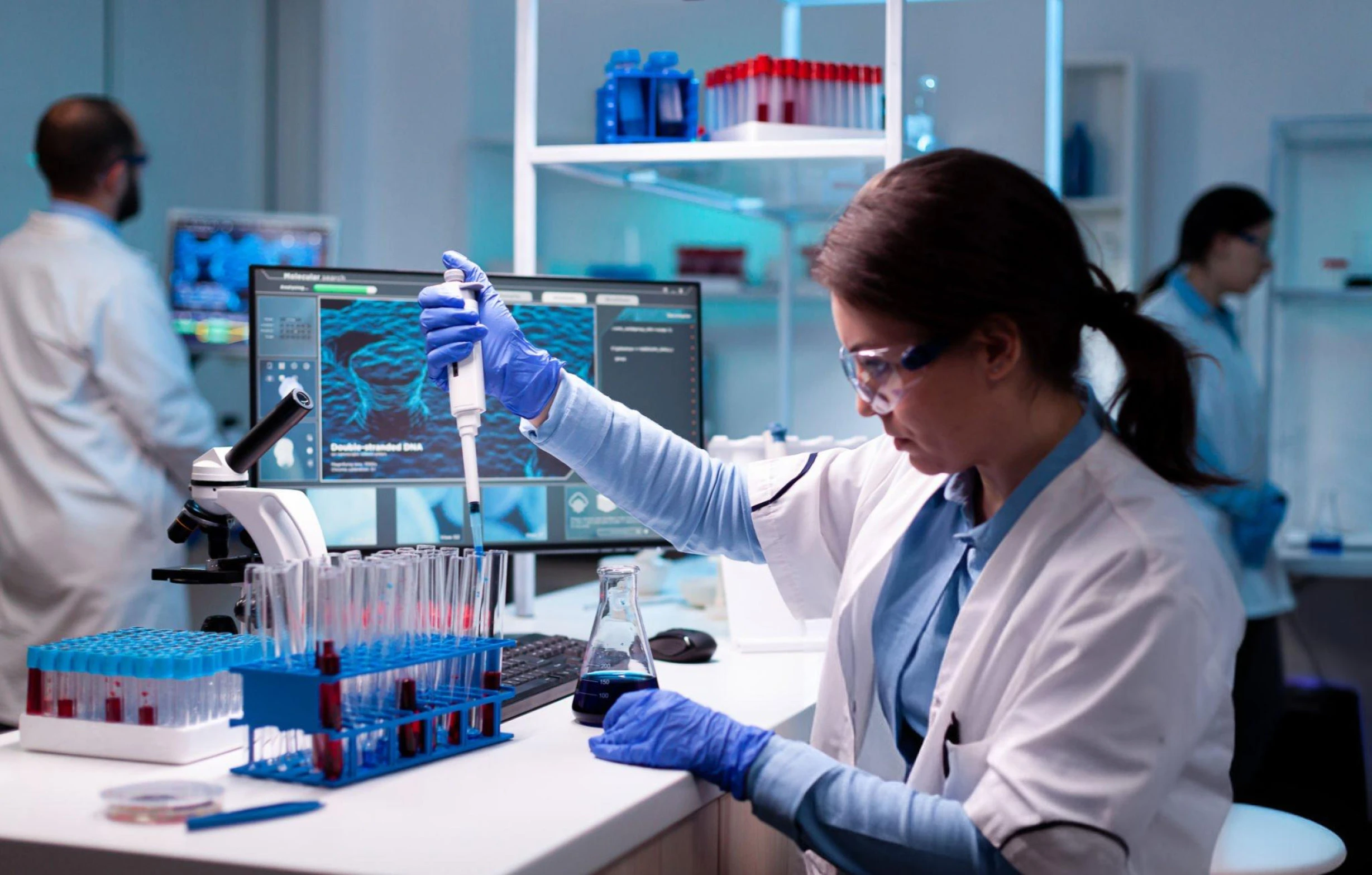 Scientists conducting advanced stem cell research in a high-tech lab, reflecting R3 Stem Cell’s commitment to innovation, precision, and patient-focused regenerative care