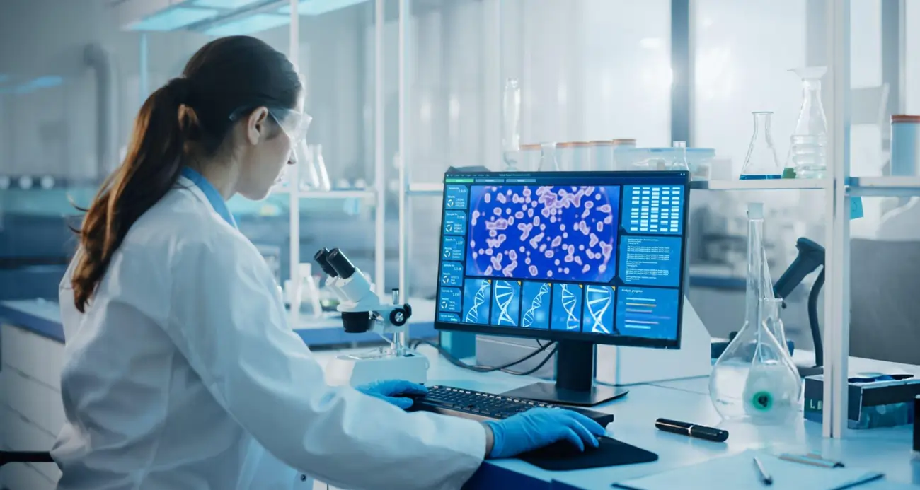 A dedicated female scientist works on a computer with a monitor showing detailed images of cells and DNA strands, representing stem cell research and development in a modern laboratory.