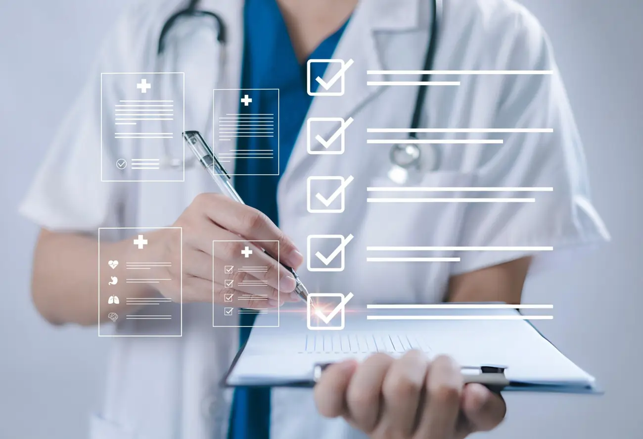 Doctor checking a health checklist on a clipboard with a digital interface overlay.