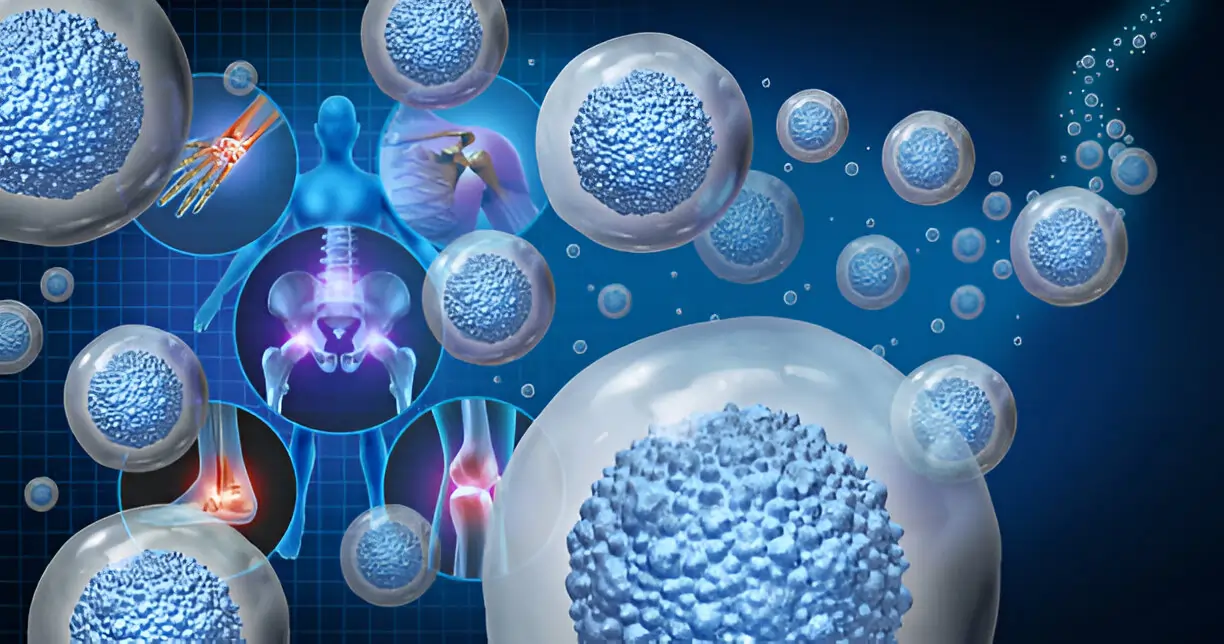 A detailed medical illustration shows stem cells and their potential to heal and regenerate various parts of the human body, including the knee, hip, and shoulder joints.