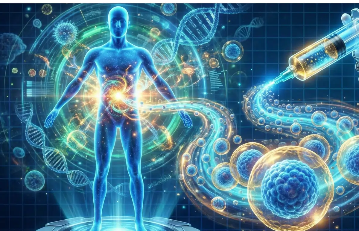Regenerative medicine illustration showing stem cell therapy and DNA biotechnology.
