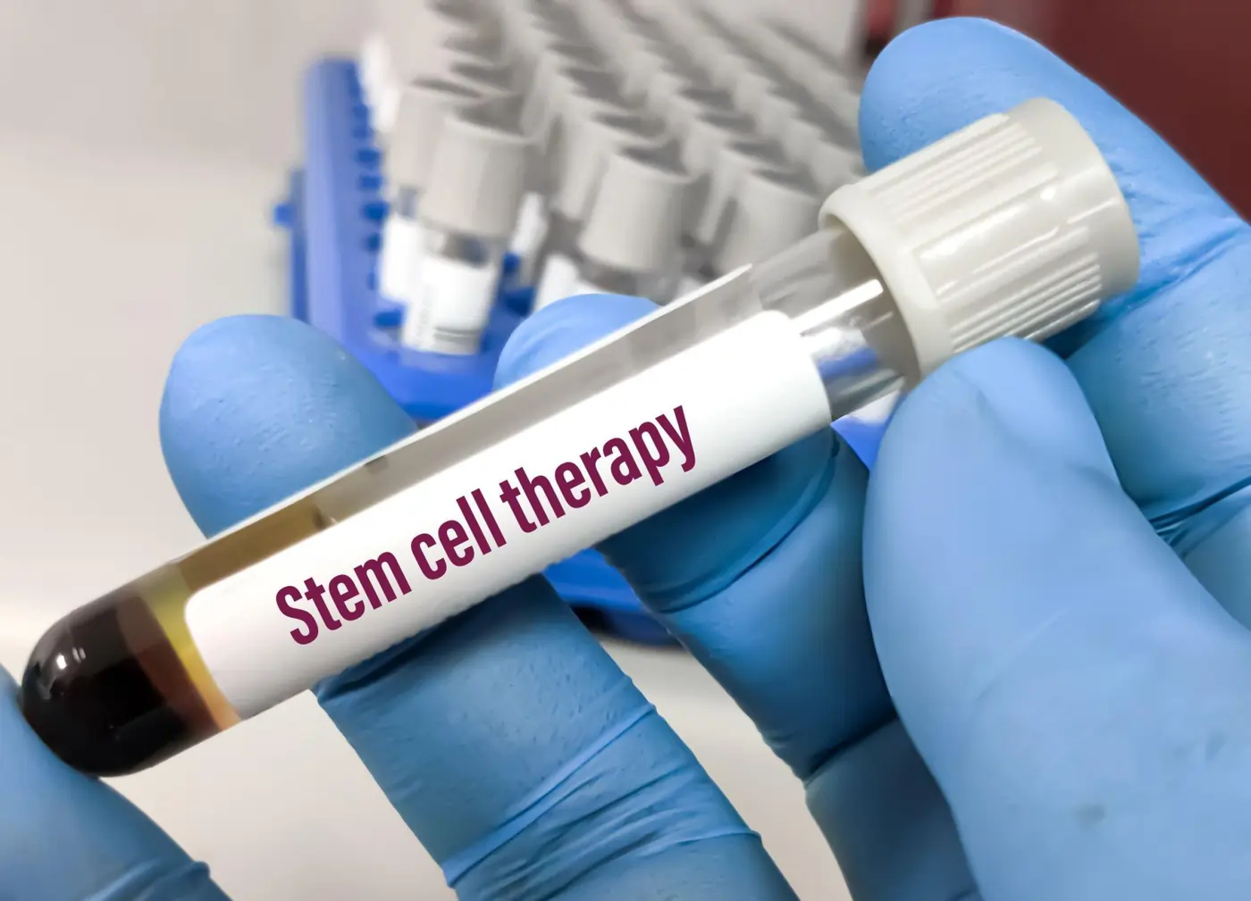 Gloved hands holding a test tube labeled Stem Cell Therapy for medical treatment in Shelton, CT.