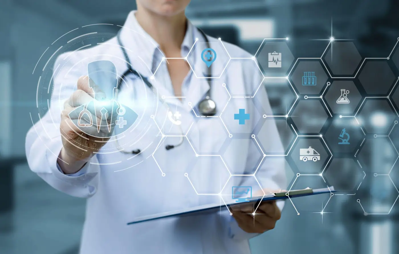 Female doctor interacting with a digital medical interface and health data icons.