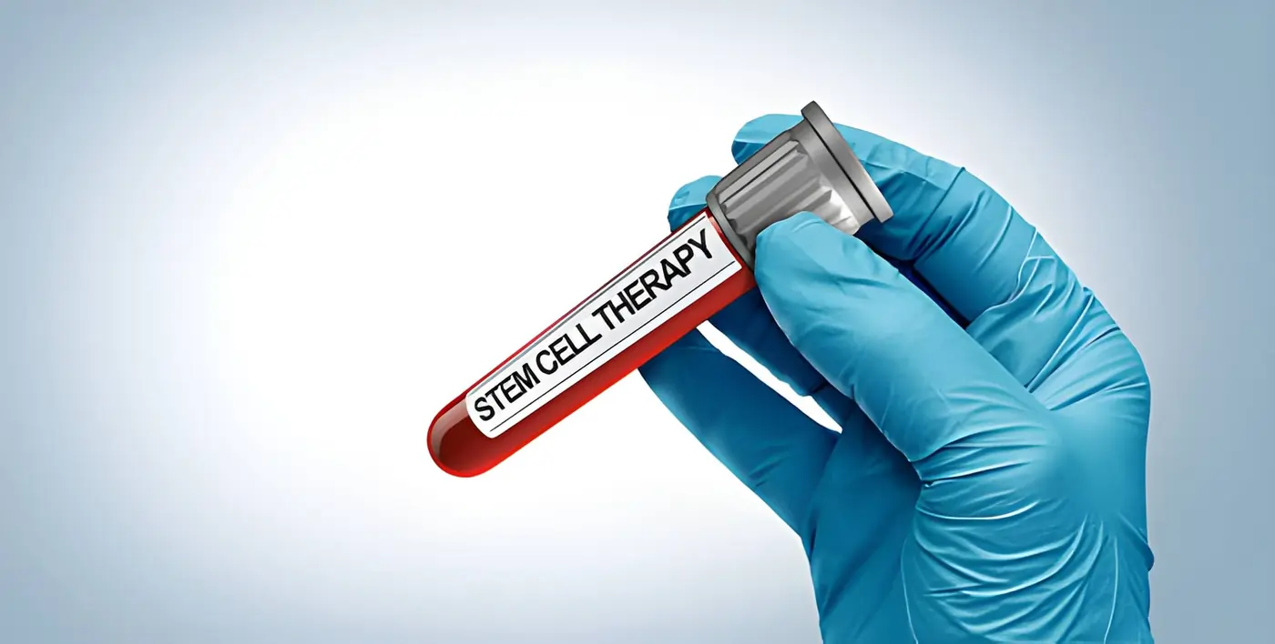 Gloved hand holding a medical test tube labeled stem cell therapy for regenerative medicine.