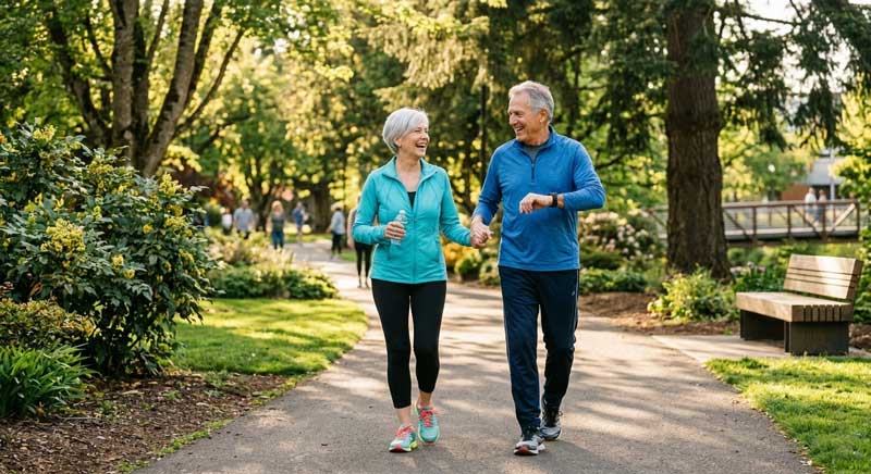 A joyful older couple laughing and walking in a sun-dappled Eugene, OR park, demonstrating active aging and vitality through regenerative cellular medicine.