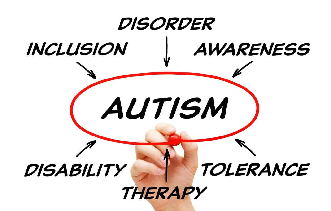 Autism awareness concept image showing the word ‘Autism’ circled in red with related terms including inclusion, disorder, awareness, disability, therapy, and tolerance surrounding it.