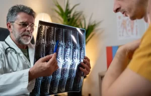 Doctor explaining spinal MRI scan results to a patient during a medical consultation about back pain and spine health.