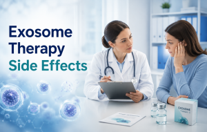 Doctor consulting with a concerned female patient about exosome therapy side effects in a modern medical clinic with soft scientific background elements.
