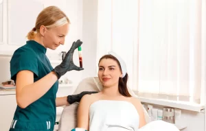 Middle-aged woman receiving PRP with stem cell treatment consultation at a regenerative medicine clinic while a healthcare professional holds a blood sample tube.