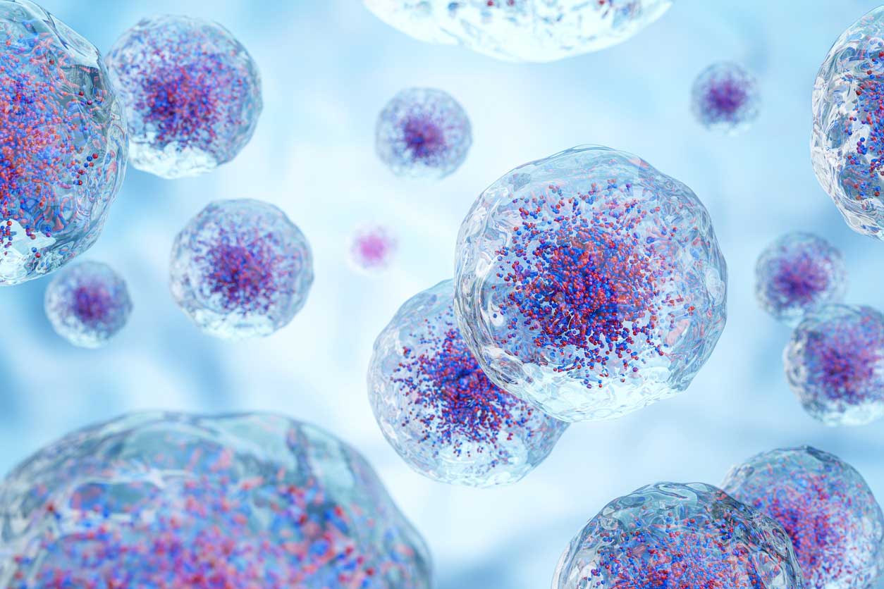 A high-quality 3D illustration of active stem cells on a clean blue background, representing cellular regeneration therapy at R3 Las Vegas.