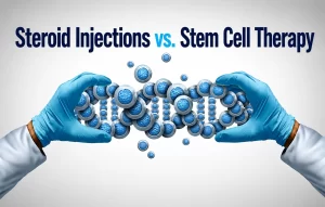 Illustration comparing steroid injections and stem cell therapy for long-term pain relief, featuring medical gloves holding a regenerative cell structure.
