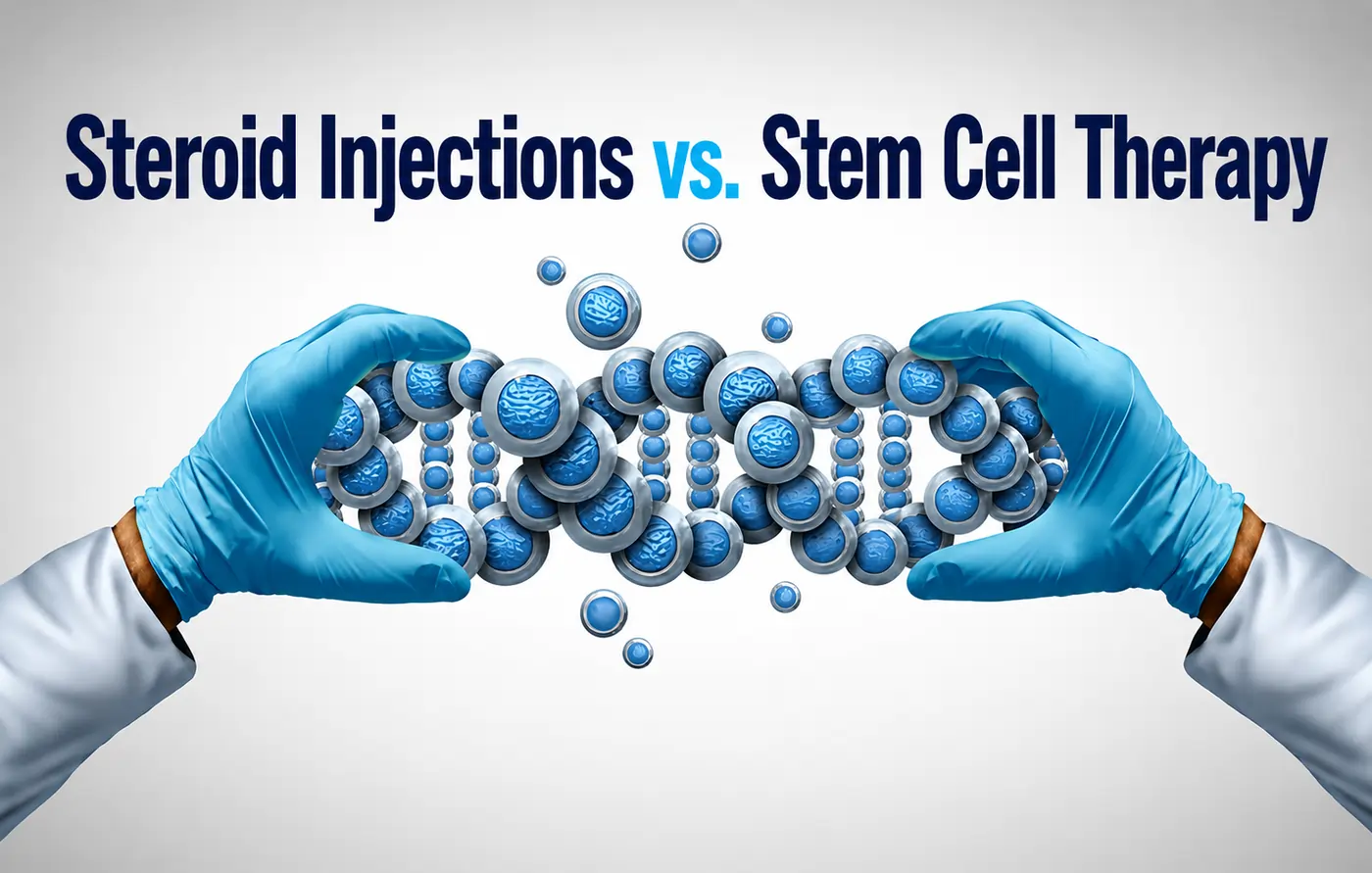 Illustration comparing steroid injections and stem cell therapy for long-term pain relief, featuring medical gloves holding a regenerative cell structure.