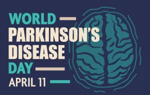 World Parkinson's Disease Day awareness graphic for April 11 with brain tremor illustration.