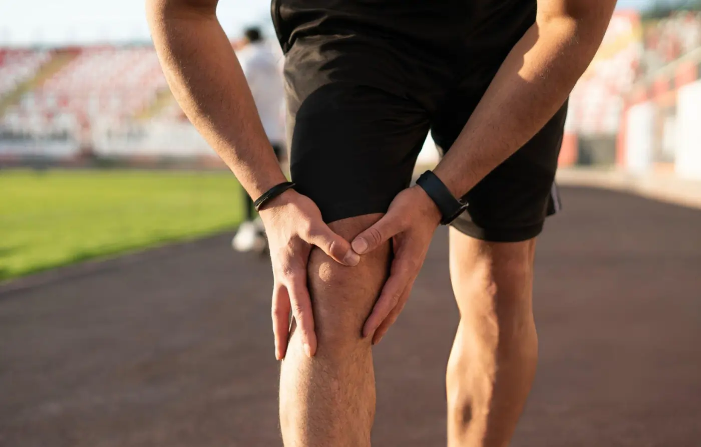 Athlete on a track holding his knee in pain, illustrating joint injuries treated with stem cell therapy.