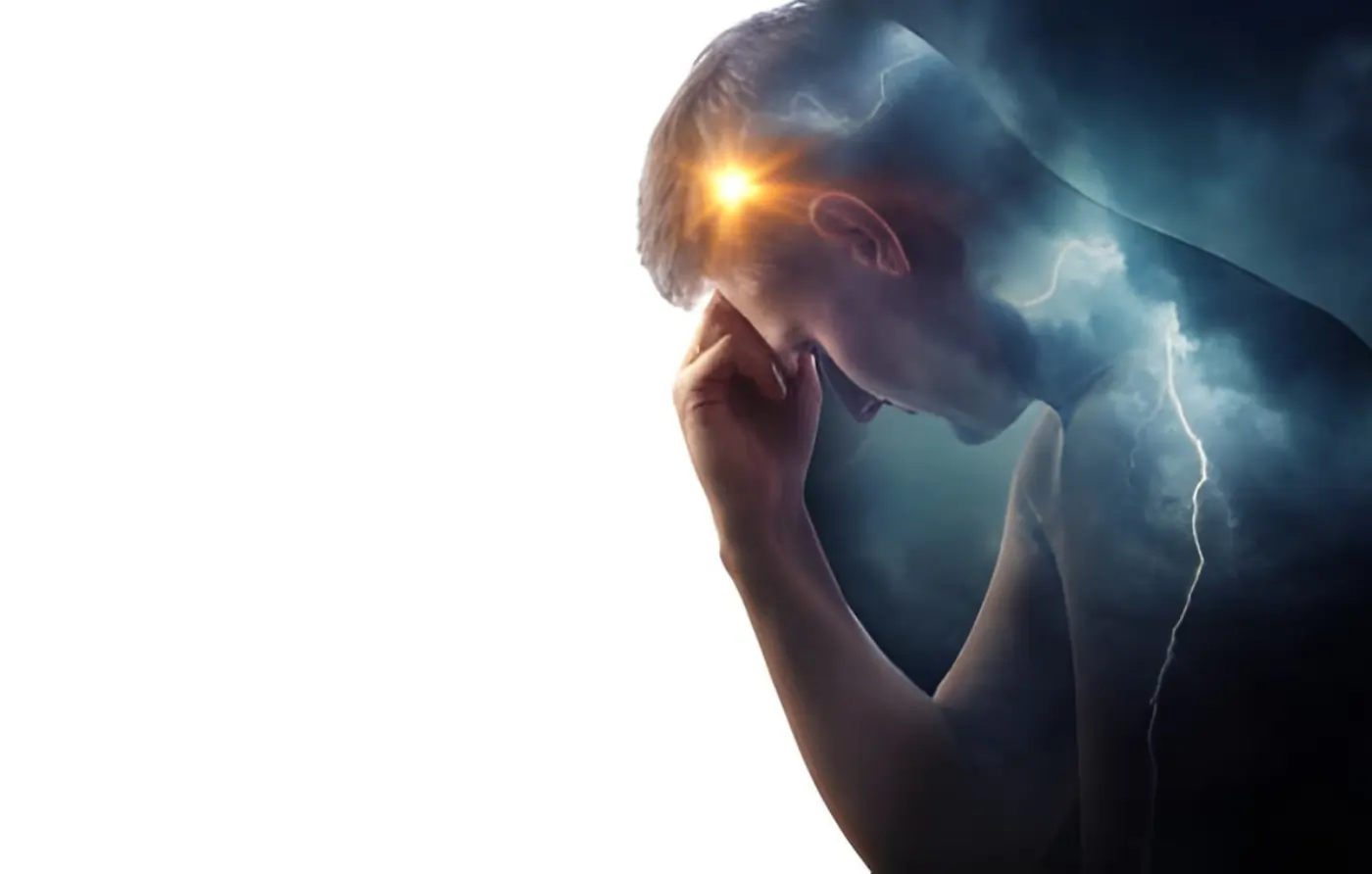 Illustration of a man holding his forehead in pain with a glowing area in the brain and storm-like effects symbolizing neurological inflammation, cognitive stress, or brain-related disorders.
