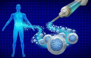 Illustration showing stem cell therapy injection releasing regenerative cells and signaling molecules into the human body to support healing and tissue repair.