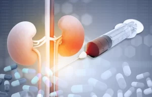Medical illustration of kidneys and stem cell injection representing IV infusion and renal artery delivery for chronic kidney disease treatment.