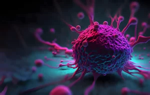Microscopic 3D illustration of a multipotent mesenchymal stem cell showing its detailed cellular structure and membrane extensions in a medical laboratory setting.