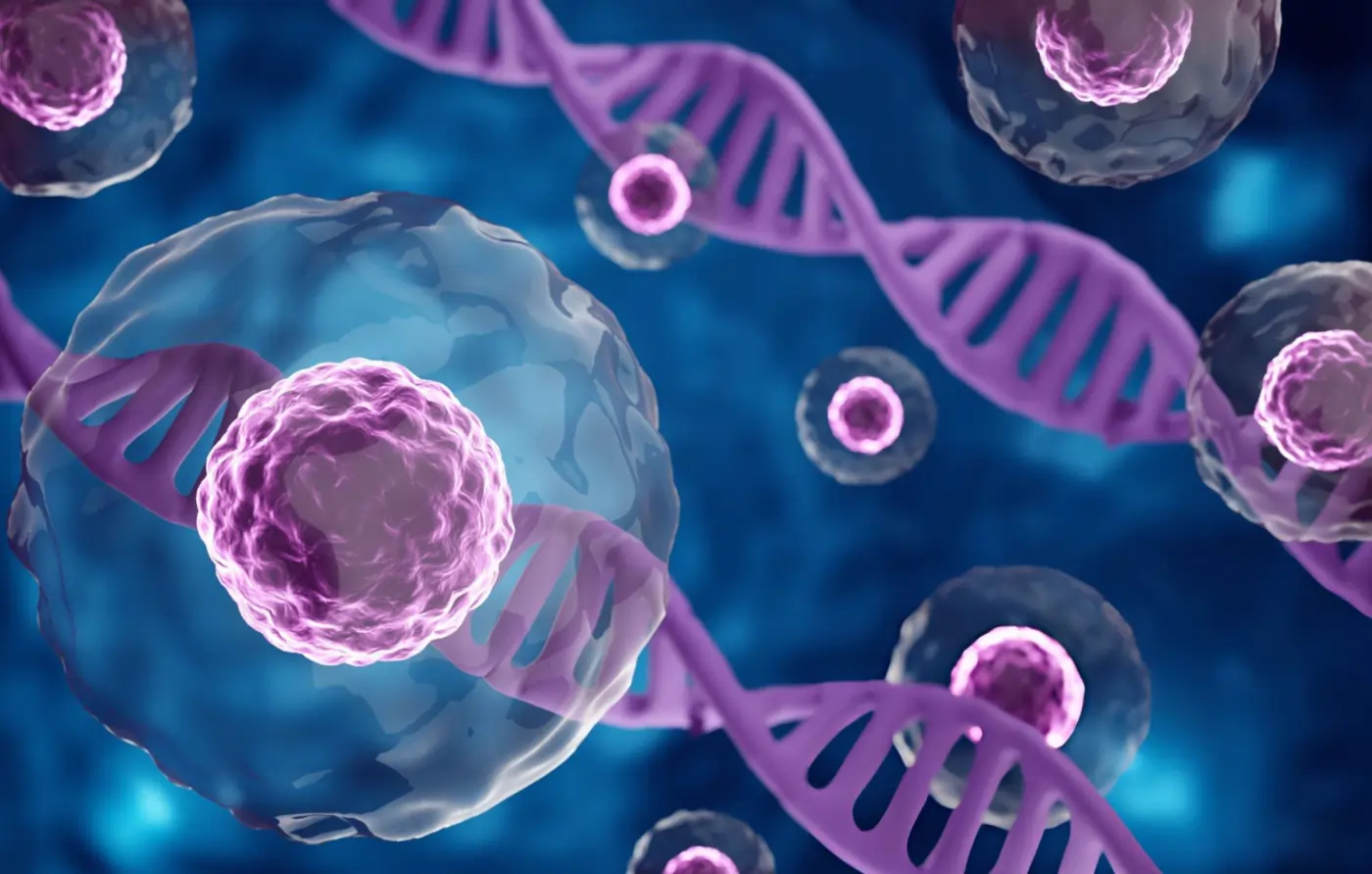 3D illustration of stem cells surrounding DNA strands, representing regenerative medicine, cellular repair, genetic research, and stem cell therapy.