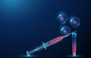 Digital illustration of stem cell therapy showing a syringe, laboratory test tube, and stem cells representing regenerative medicine and advanced cellular treatment.