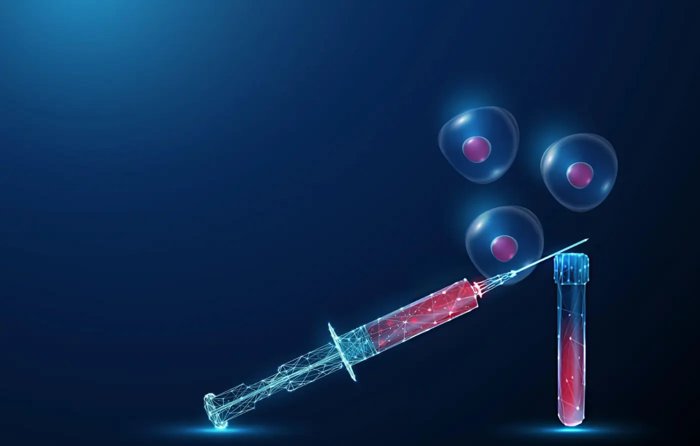 Digital illustration of stem cell therapy showing a syringe, laboratory test tube, and stem cells representing regenerative medicine and advanced cellular treatment.