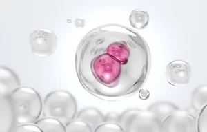 Abstract 3D rendering of an acellular exosome vesicle containing microscopic cellular payloads and signaling proteins for regenerative medicine.