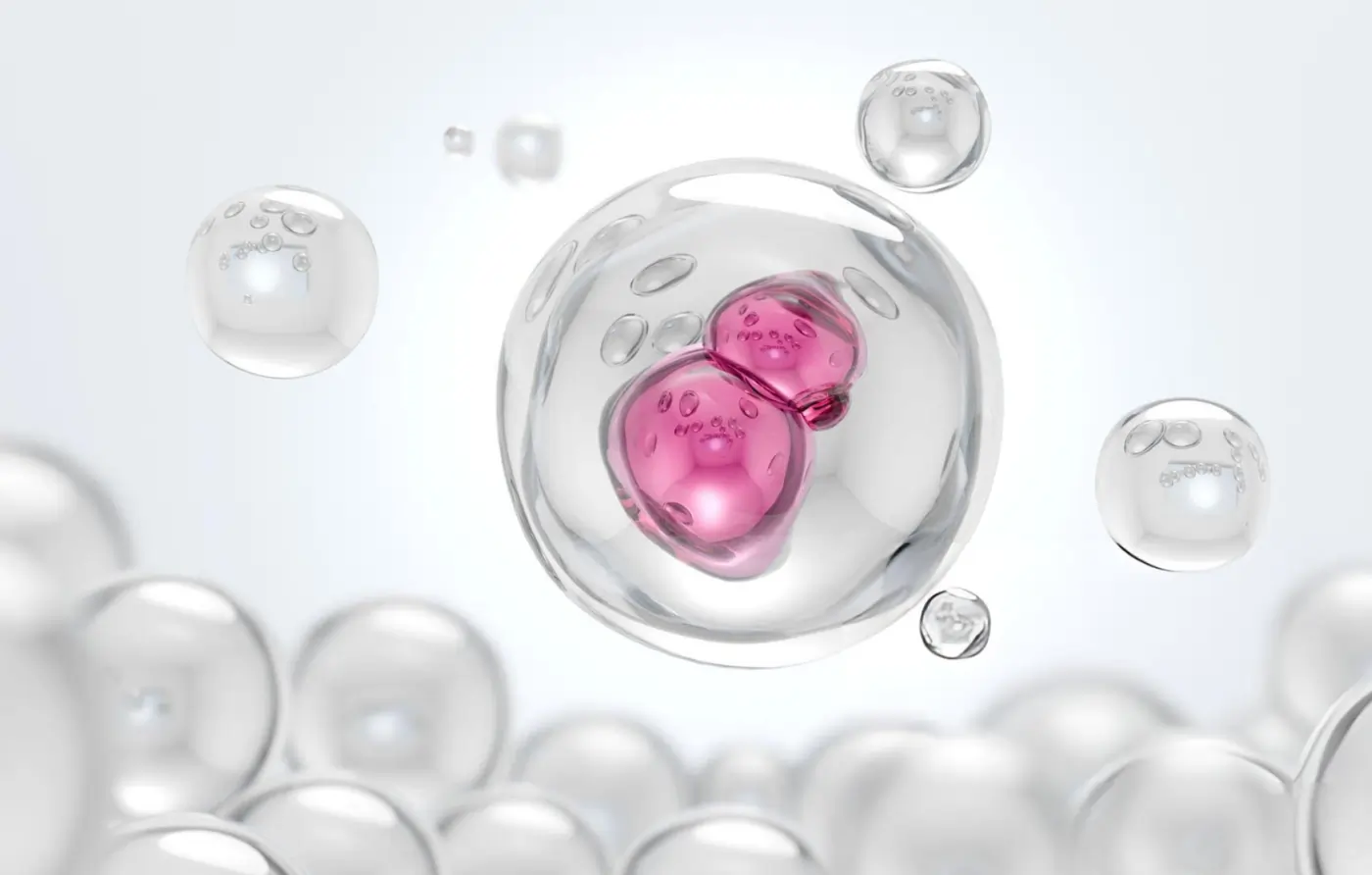 Abstract 3D rendering of an acellular exosome vesicle containing microscopic cellular payloads and signaling proteins for regenerative medicine.