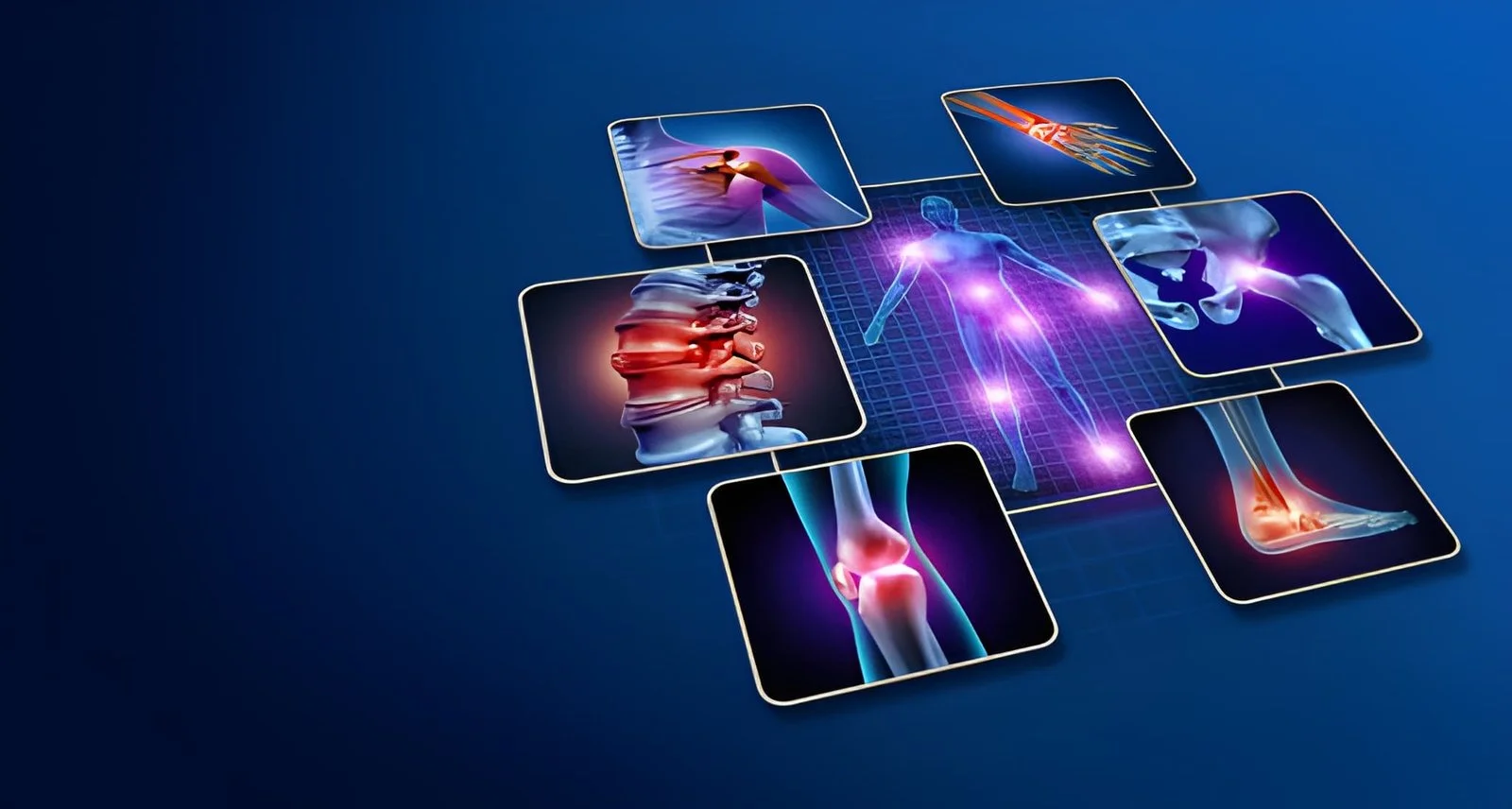 Human body graphic showing glowing joint inflammation pain points