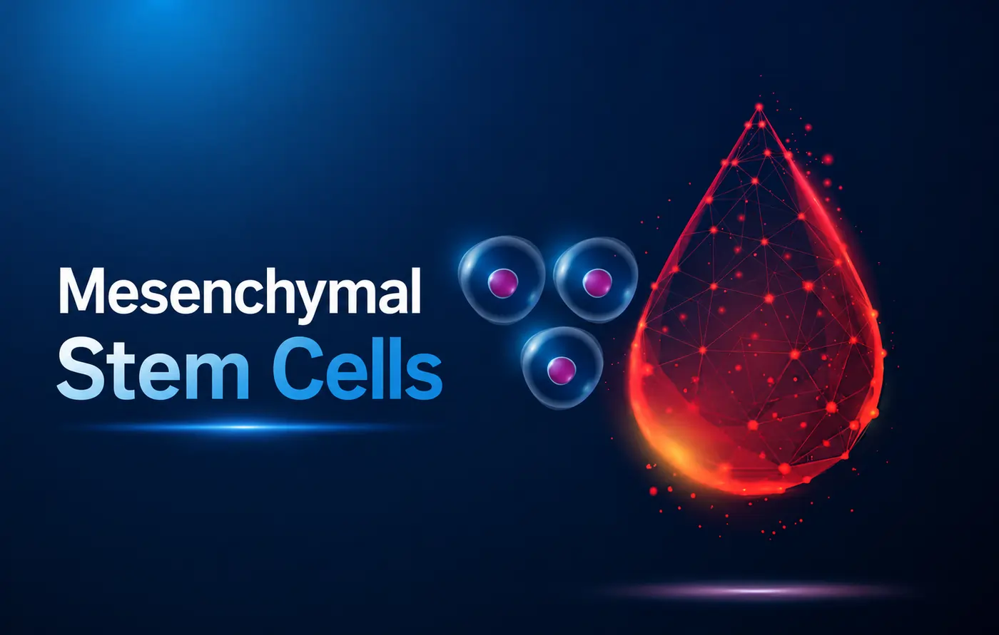 Illustration of mesenchymal stem cells alongside a glowing red blood droplet representing immune system interaction