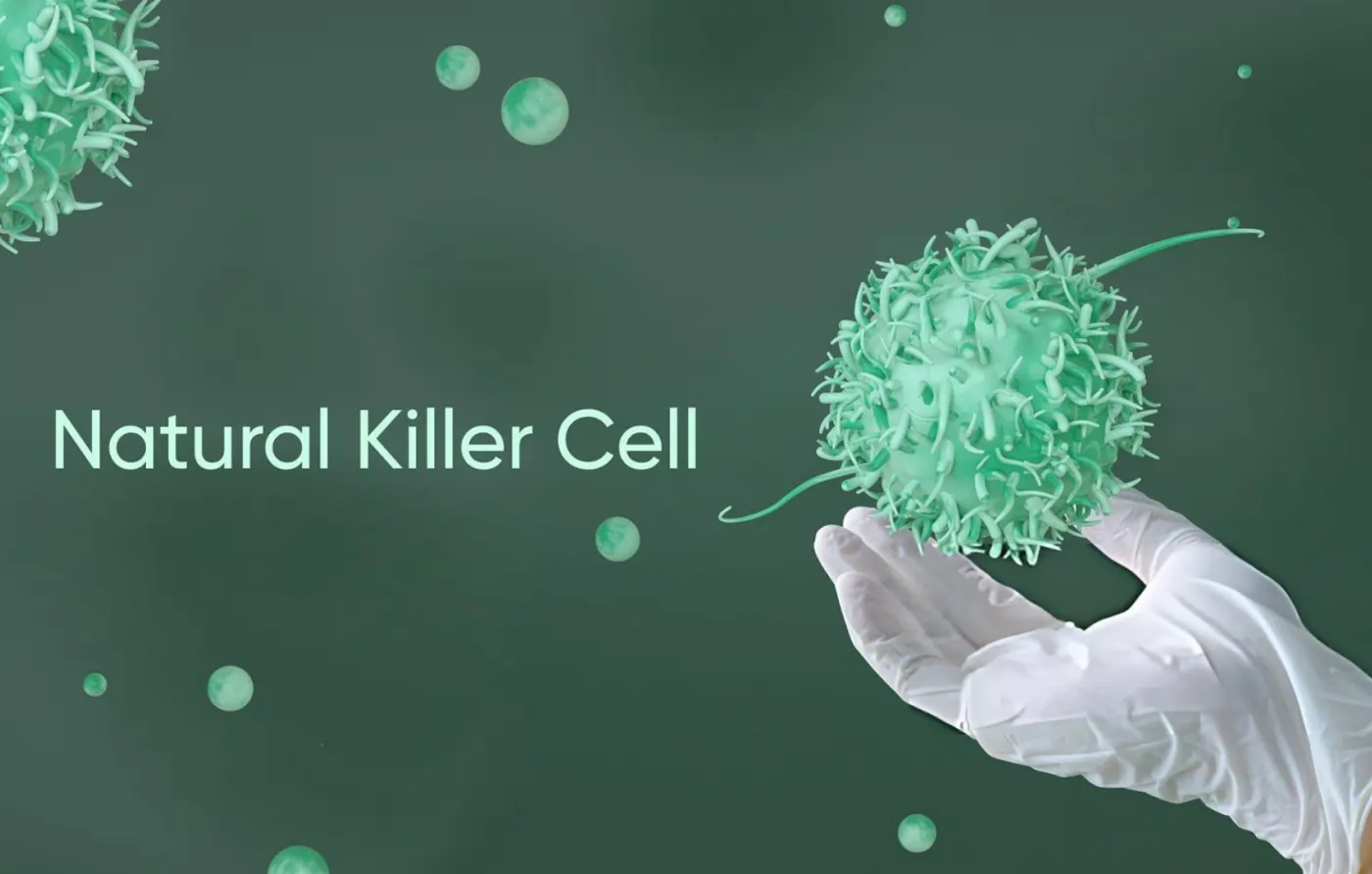 A 3D illustration of a green Natural Killer cell with complex surface receptors floating above a gloved human hand, featuring the text Natural Killer Cell on a deep green background representing immunotherapy concepts.