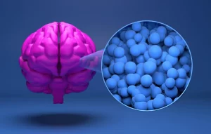Conceptual medical graphic of a brain with a microscopic zoom window highlighting blue therapeutic cells, illustrating targeted immunotherapy delivering natural killer cells directly to the central nervous system.