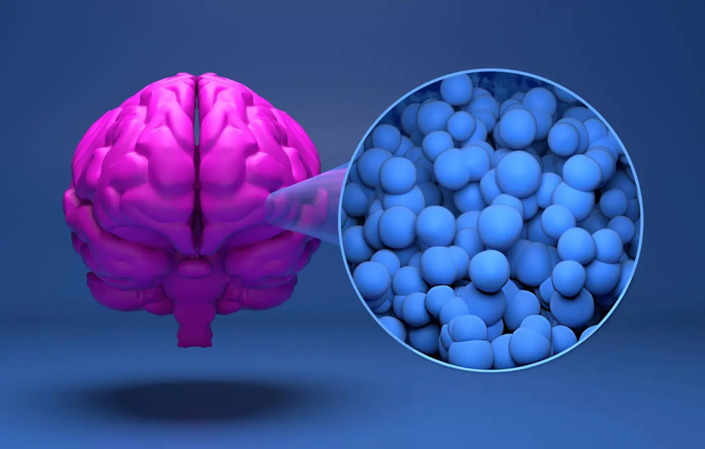 Conceptual medical graphic of a brain with a microscopic zoom window highlighting blue therapeutic cells, illustrating targeted immunotherapy delivering natural killer cells directly to the central nervous system.