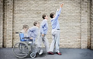 Time-lapse sequence showing a person transitioning out of a wheelchair to standing and reaching upwards, symbolizing functional recovery and mobility preservation through stem cell therapy.