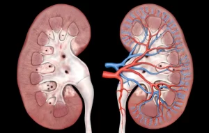 An anatomical cross-section diagram of human kidneys against a black background, highlighting the internal structures and the complex network of red renal arteries and blue renal veins involved in direct renal artery stem cell injections.