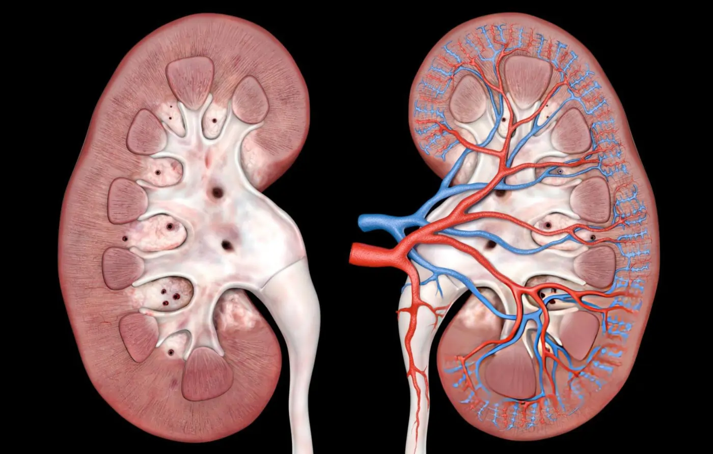 An anatomical cross-section diagram of human kidneys against a black background, highlighting the internal structures and the complex network of red renal arteries and blue renal veins involved in direct renal artery stem cell injections.