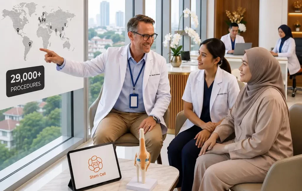 Entrance to the modern R3 Stem Cell clinic in Jakarta