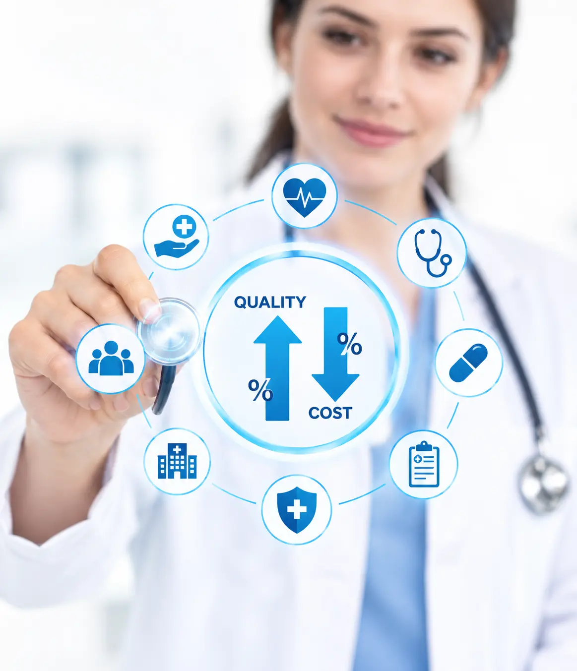 Doctor displaying graphic showing high quality low cost healthcare